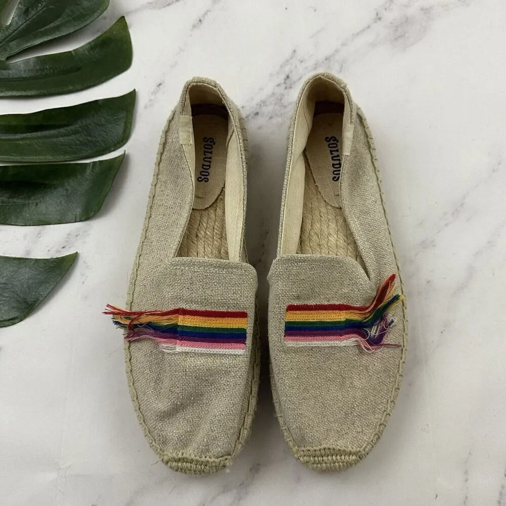 Soludos Womens Pride Flag Embellished Espadrille Flats Size 9.5 Cream Slip On